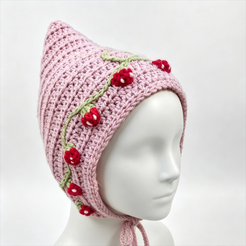Knit Beanie Hat Warm - Вязаная шапка-бини ручной работы с ягодами
