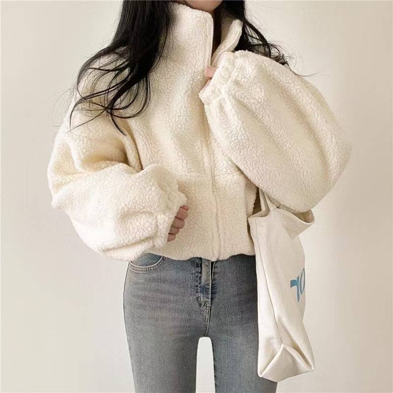 Sherpa Hoodie Fleece - Женская укороченная толстовка с воротником-стойкой на